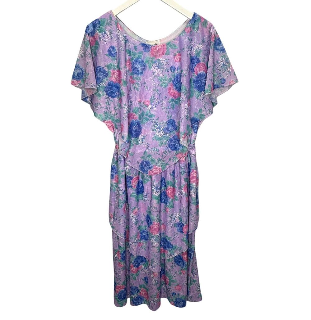 Vintage Lynn Bee Angel Sleeve Tiered Dress Purple Floral Belt Size L 80s